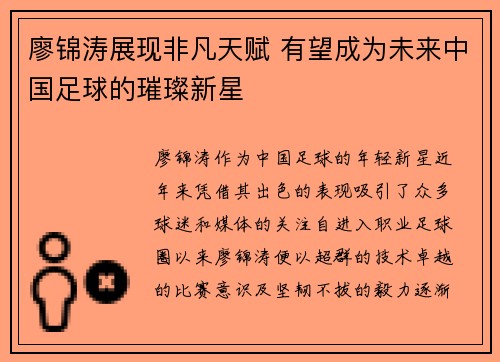 廖锦涛展现非凡天赋 有望成为未来中国足球的璀璨新星